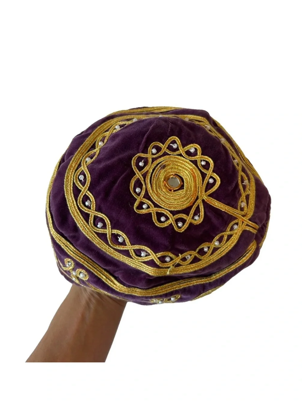 Vintage Velvet Embroidered Turkish Islamic Hat Kufi Gold Thread Mirror Bead